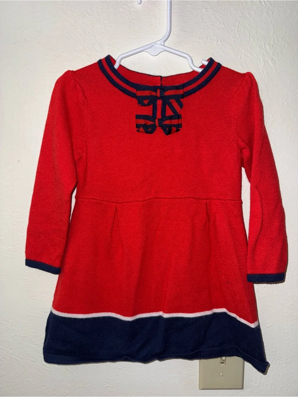 Janie and Jack Red Knit Dress with Navy Trim and Bow Accent